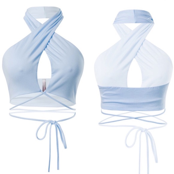 NEW Women Sexy Smooth Halter crop top Blue - Picture 2 of 2